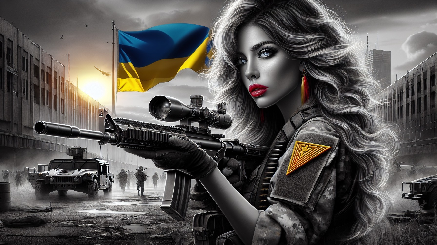 Female Soldier with Sniper Rifle and Ukrainian Flag