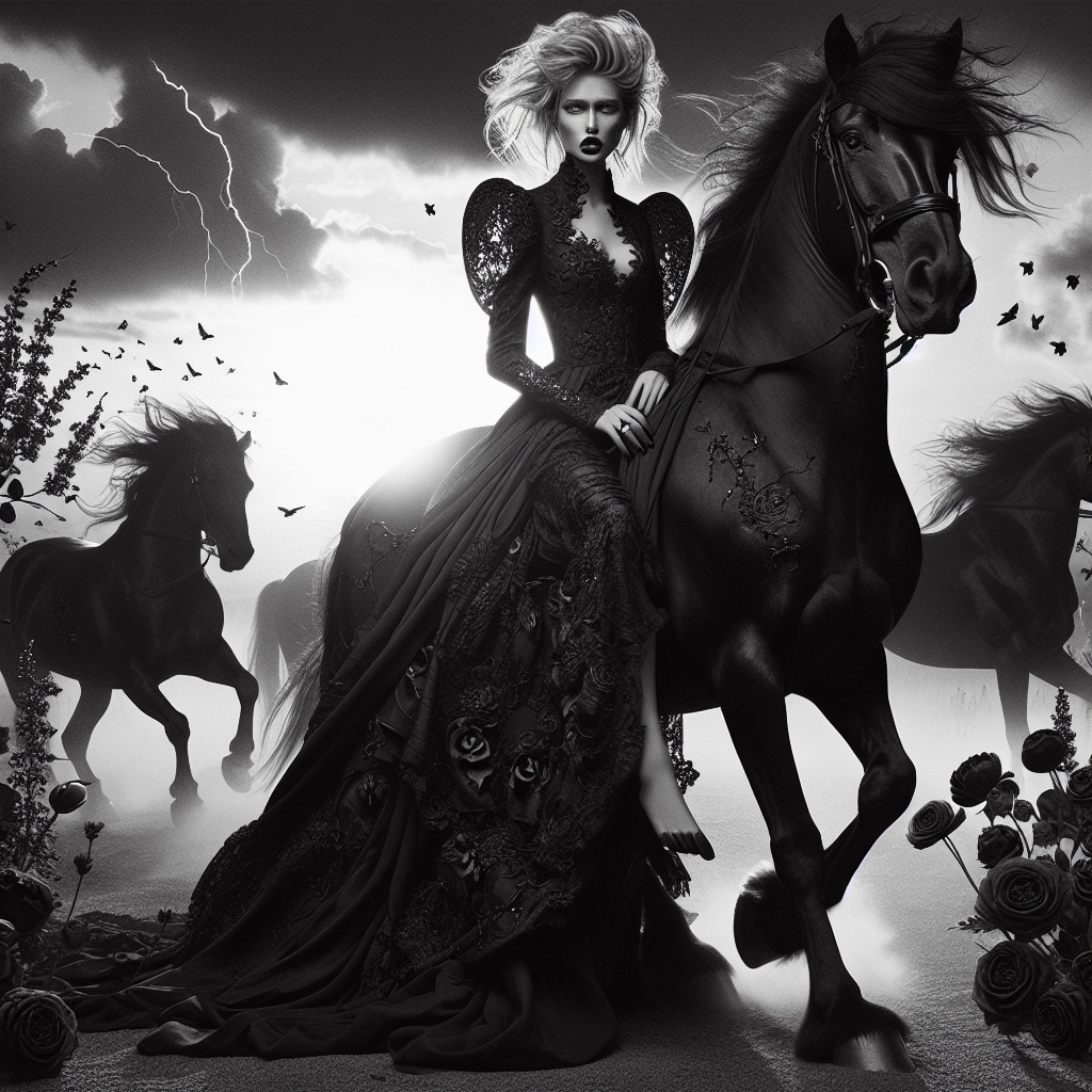 Majestic Woman in Dark Gown Riding Black Horse