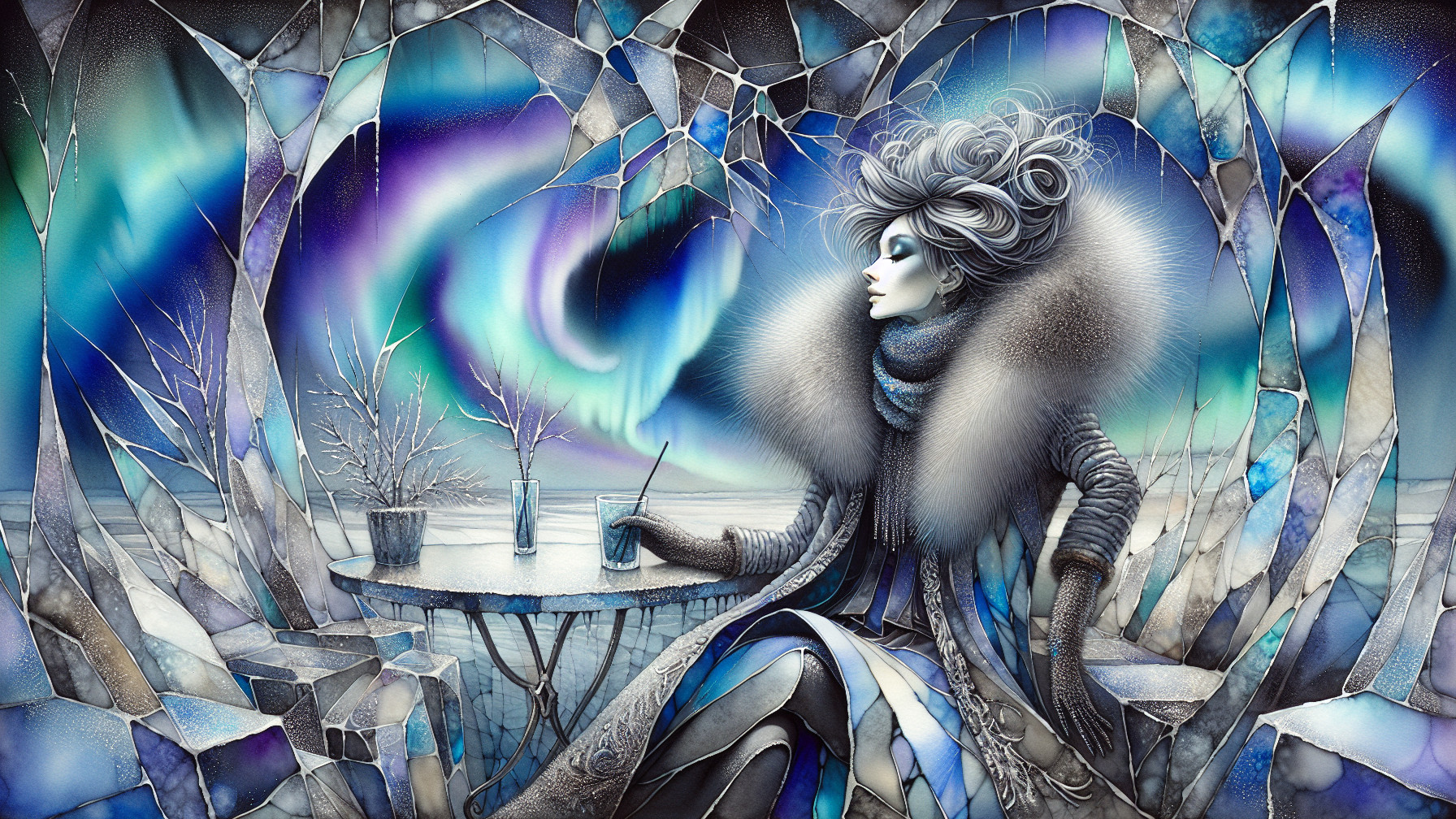 Woman in fur coat in icy landscape with Northern Lights