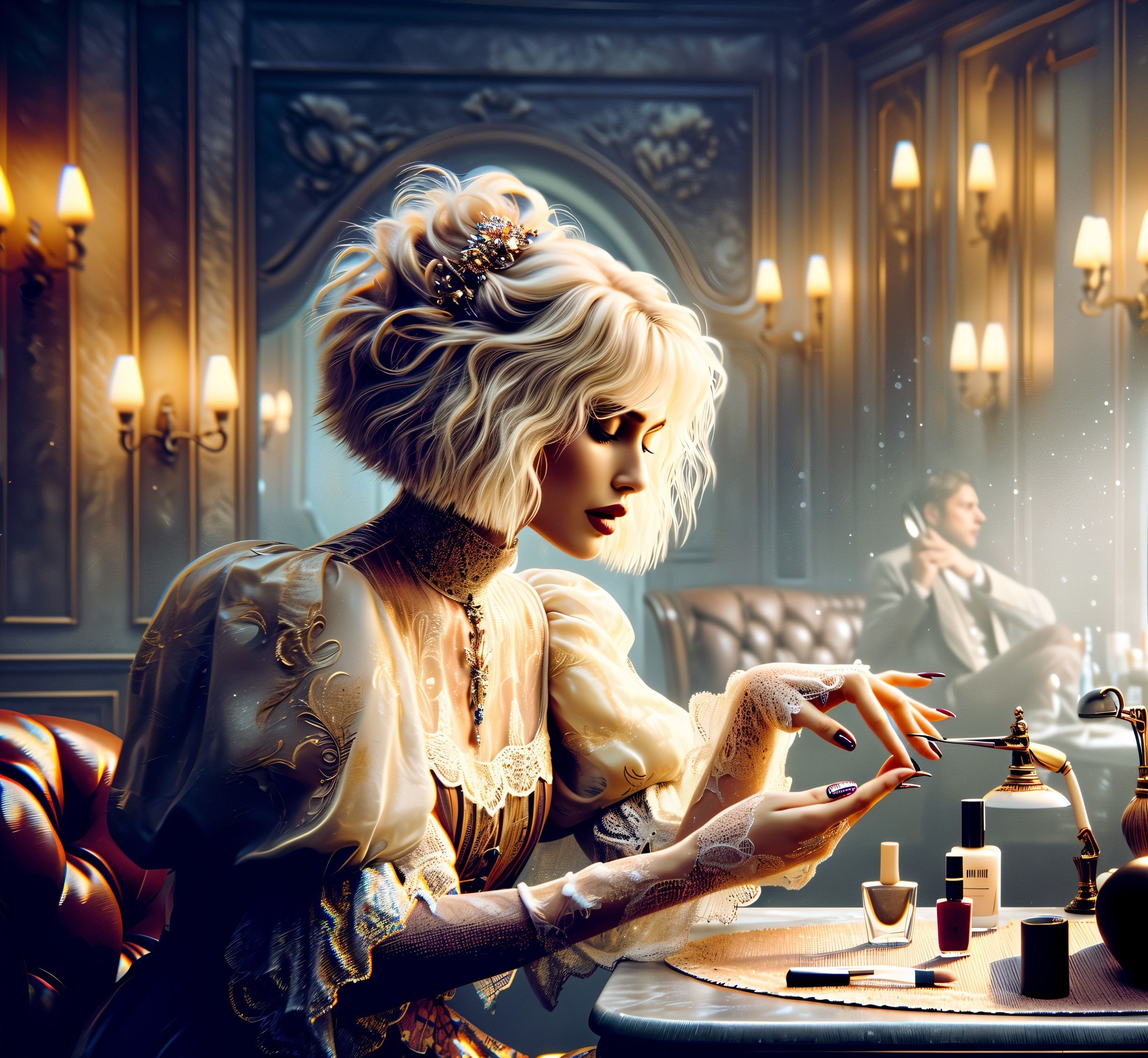 Elegant Woman Applying Nail Polish in Vintage Room