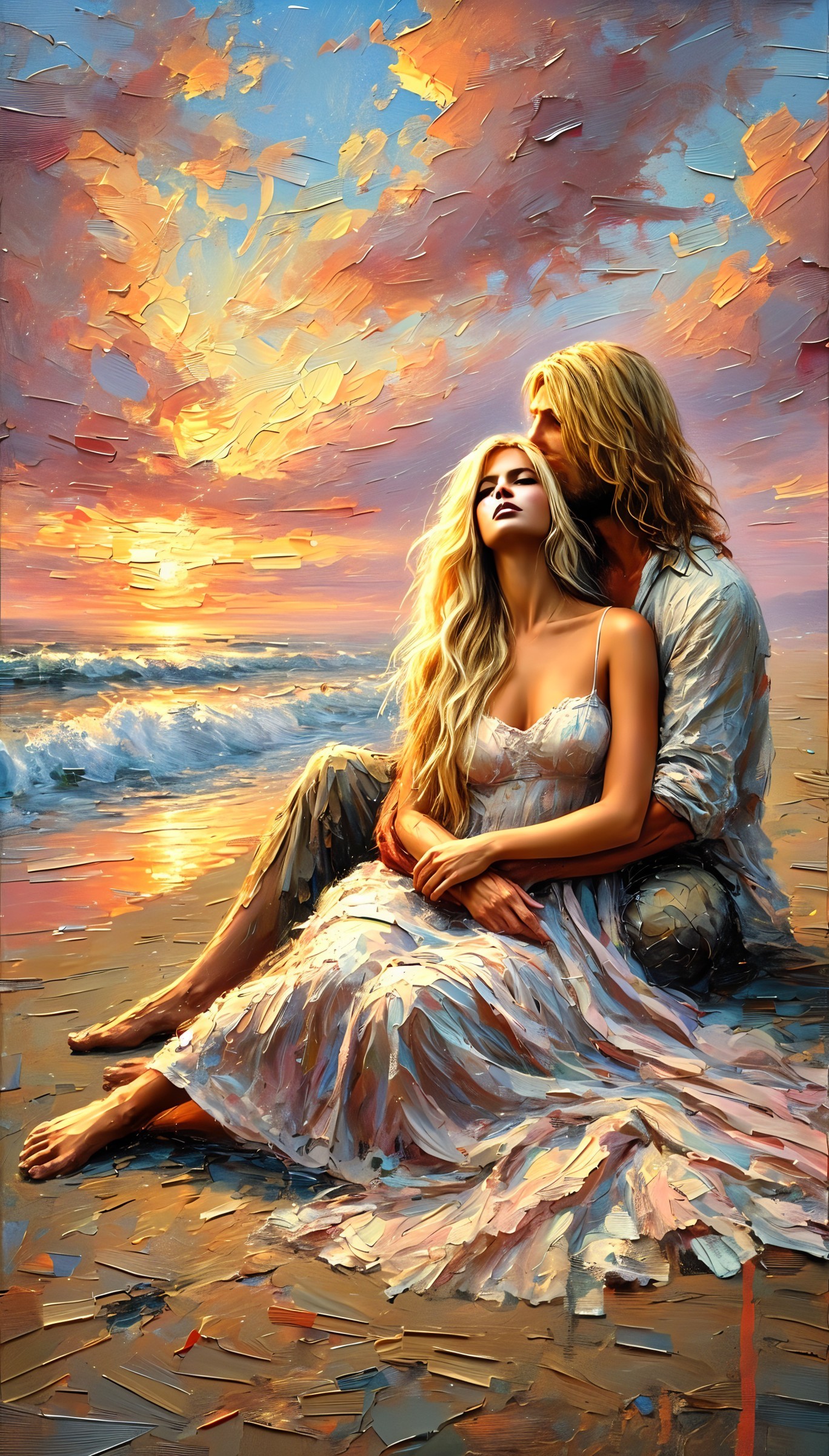 Couple Embracing on a Beach at Sunset