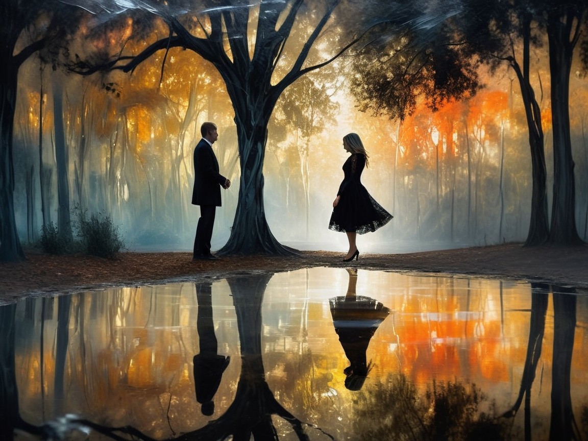 Couple in Formal Attire in Mystical Forest at Dusk