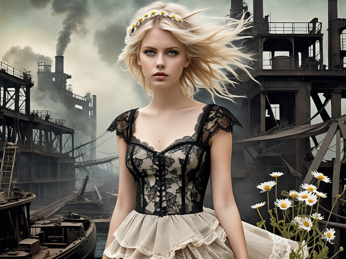 Young woman in lace dress amidst industrial landscape