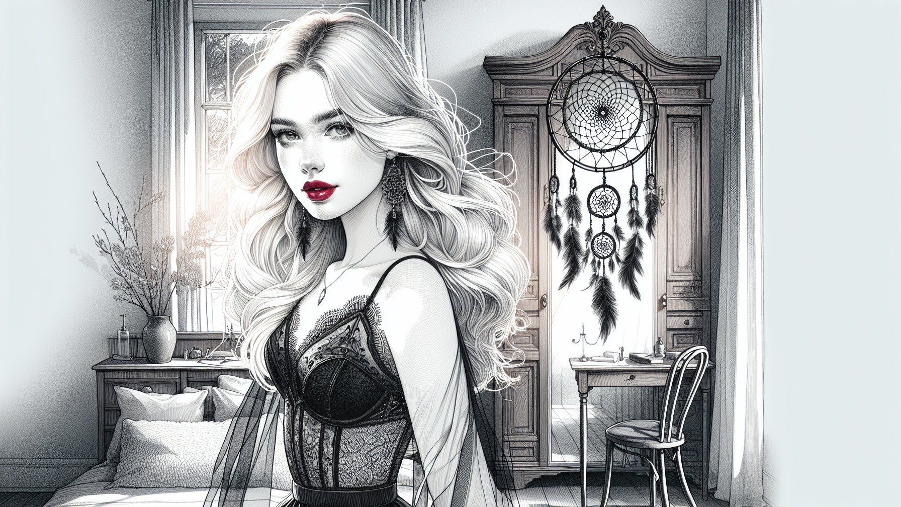 Elegant Woman in Black Lace in Dreamlike Room