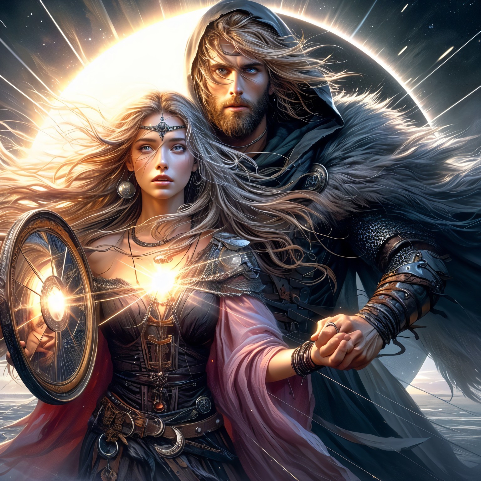 Powerful Couple Against Cosmic Backdrop with Armor