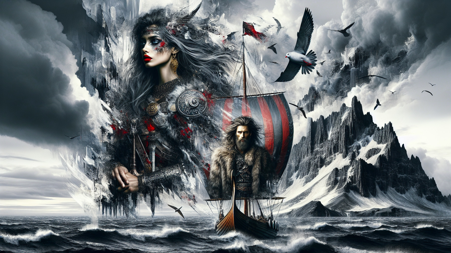 Warrior Woman and Viking Captain by Stormy Sea