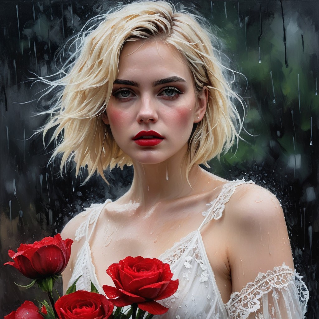 Portrait of a Young Woman in a Rainy Setting
