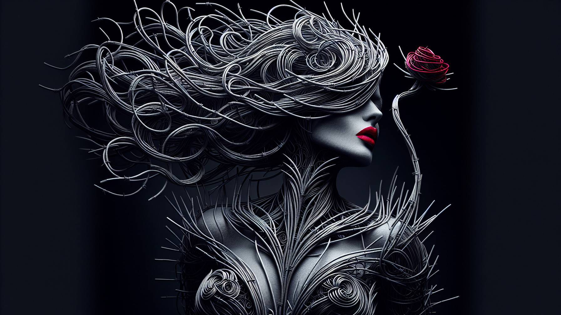 Figure with Wire Hair and Rose Accent