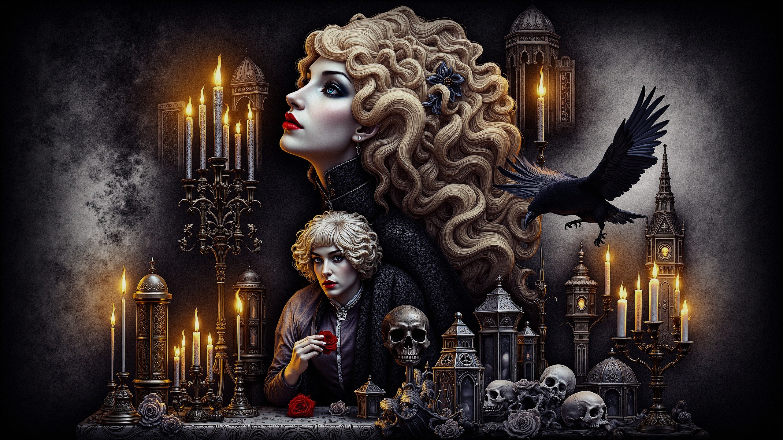 Gothic Scene with Woman, Man, and Eerie Elements