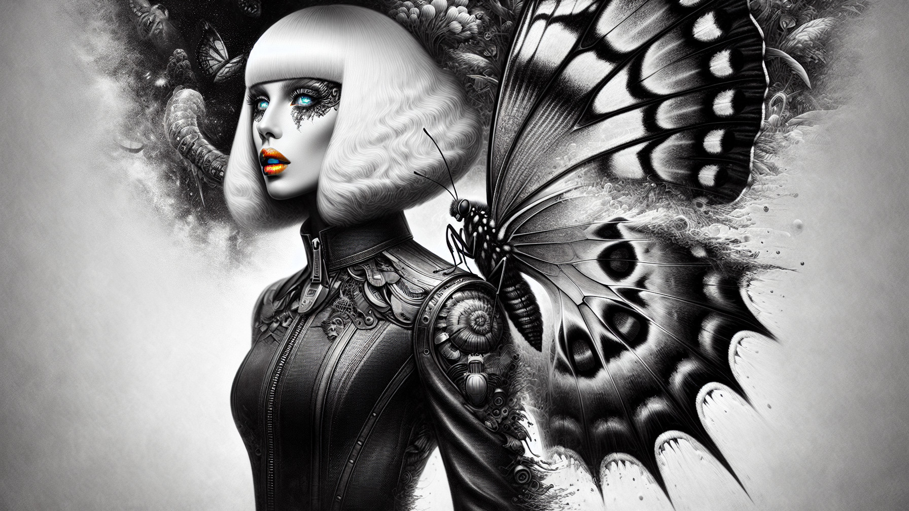Futuristic Figure with Mechanical Outfit and Butterfly Wings