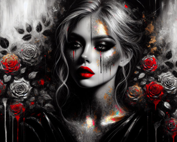 Digital Painting of a Woman Surrounded by Roses