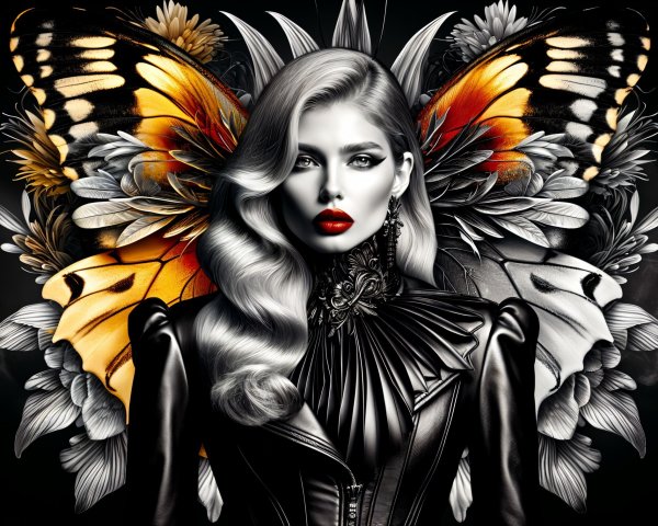 Portrait of a Woman with Butterfly Wings and Floral Background