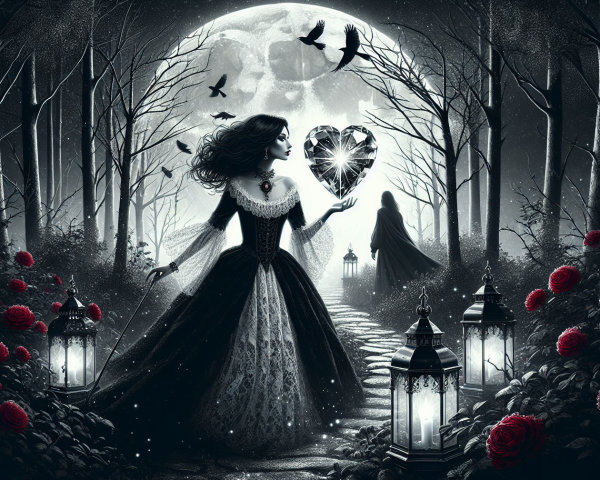 Mysterious figure with glowing heart on moonlit path