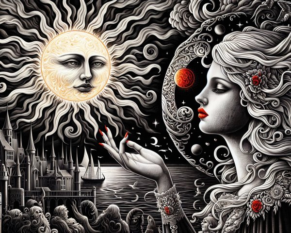 Black and white celestial illustration with gothic elements