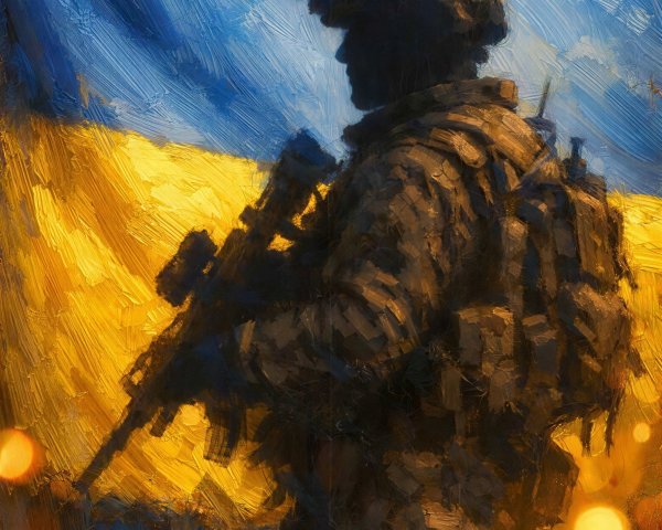Ukrainian Soldier Portrait with Flag Background