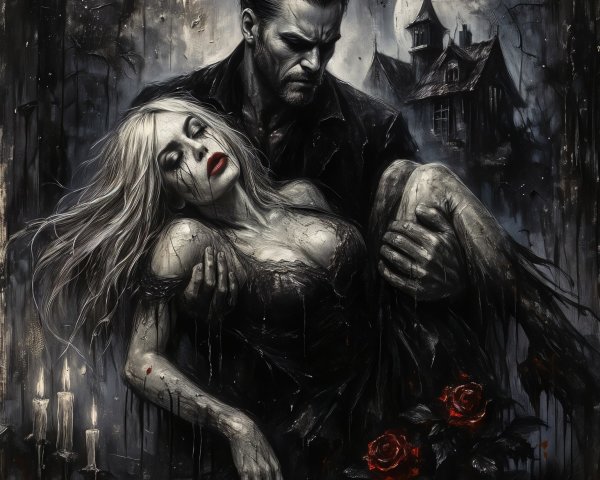 Brooding Figure and Pale Woman in Dark Mansion Scene