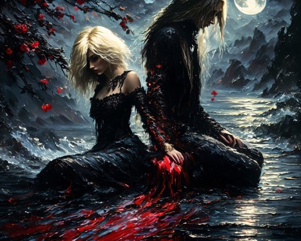 Moonlit Scene of Two Figures in Reflective Water