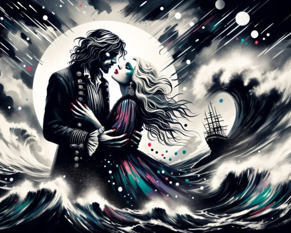 Couple Embracing by Turbulent Sea with Ghostly Ship
