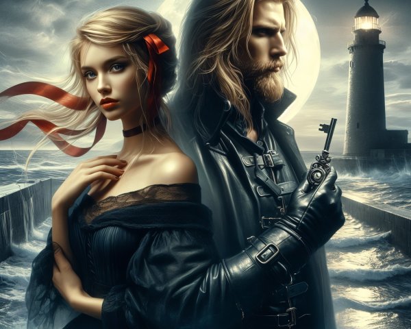 Mystical Seaside Scene with Woman and Brooding Man