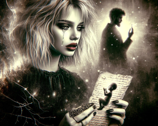 Sorrowful Woman and Shadowy Figure in Dim Light