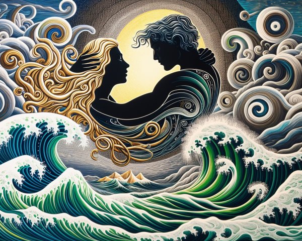 Couple Embracing by Ocean Waves and Dramatic Clouds