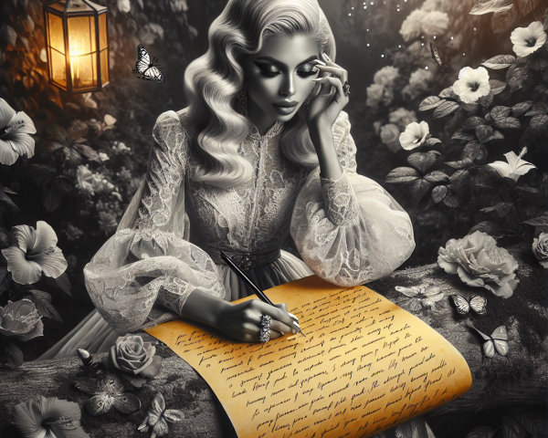 Mystical Garden Scene with Woman Writing a Letter