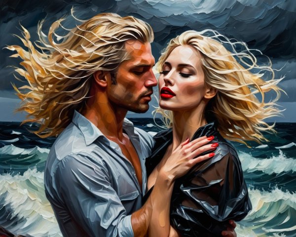 Couple Embracing with Stormy Ocean Background
