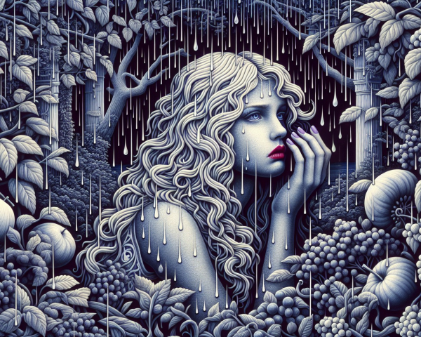 Melancholic Woman in Lush Natural Setting with Rain