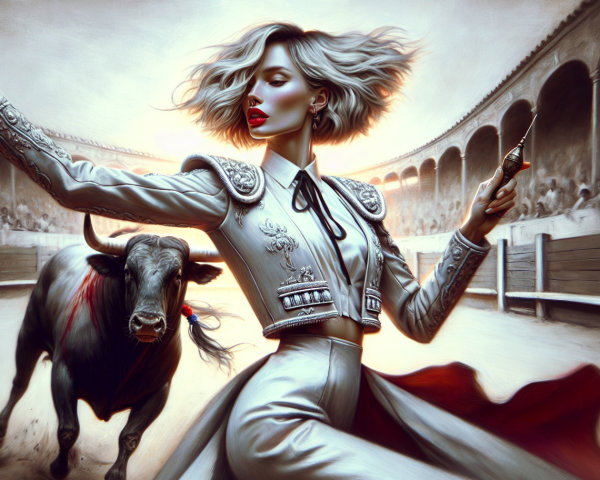 Stylish Woman in Matador Outfit Faces Bull in Bullring