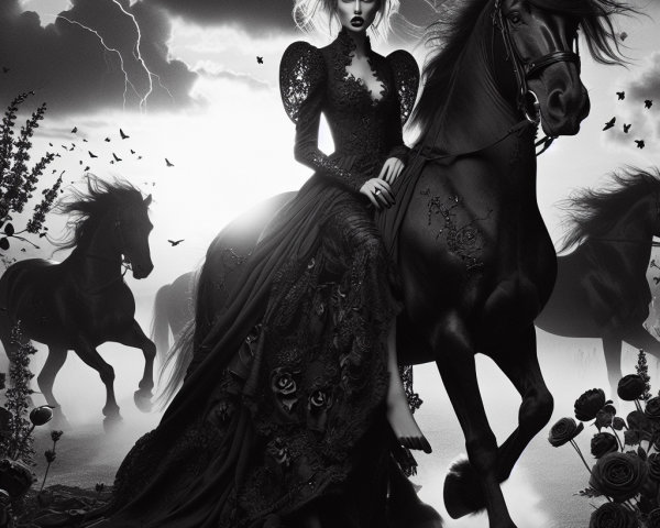 Majestic Woman in Dark Gown Riding Black Horse