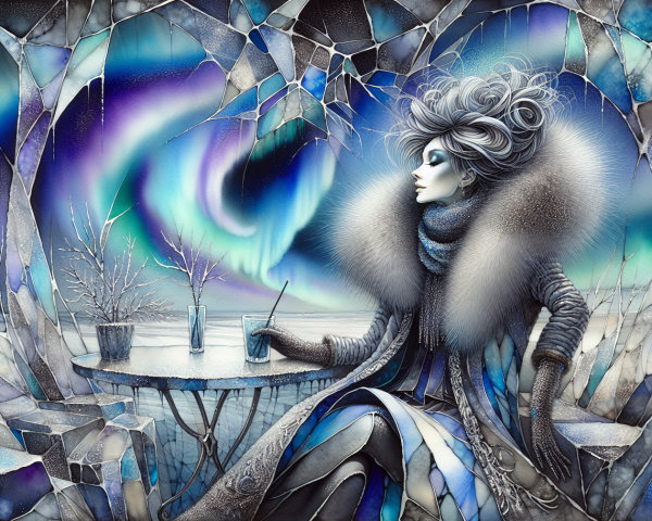 Woman in fur coat in icy landscape with Northern Lights