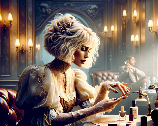 Elegant Woman Applying Nail Polish in Vintage Room
