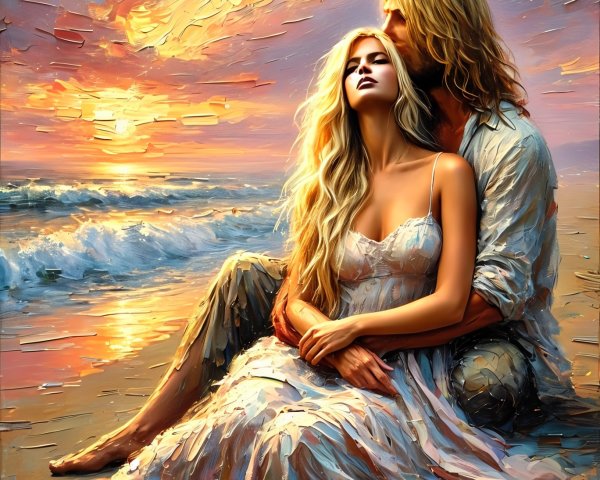Couple Embracing on a Beach at Sunset