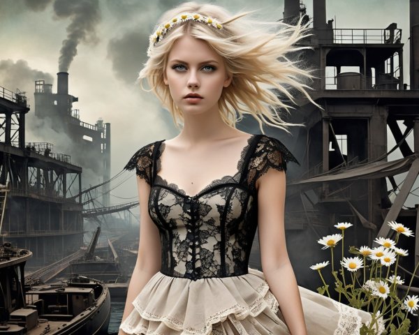 Young woman in lace dress amidst industrial landscape