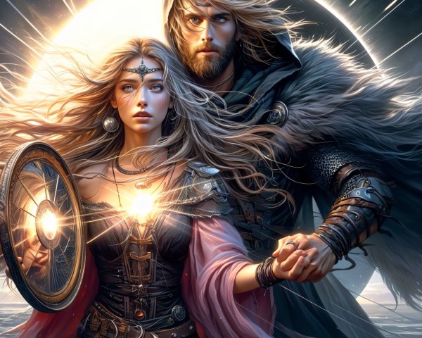 Powerful Couple Against Cosmic Backdrop with Armor