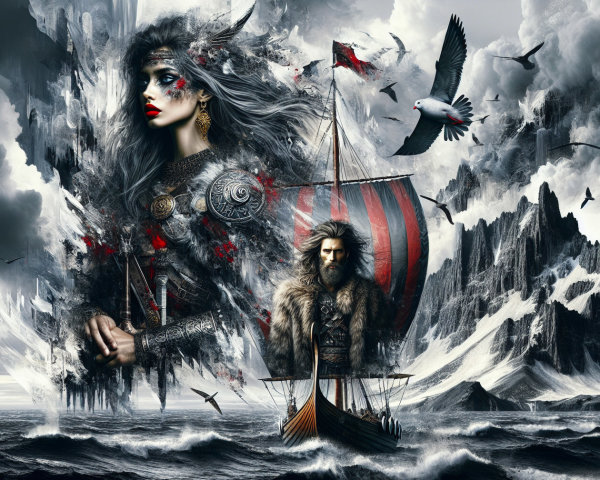 Warrior Woman and Viking Captain by Stormy Sea