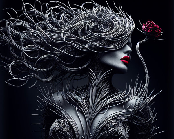 Figure with Wire Hair and Rose Accent