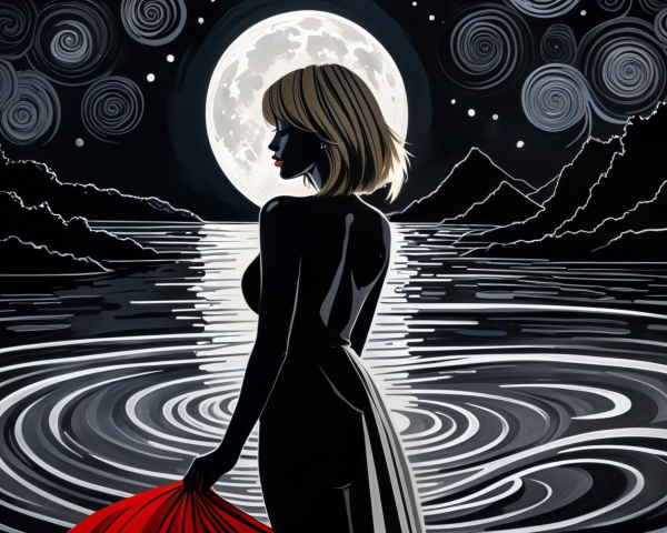Art Deco Painting of Woman in Water Under Full Moon