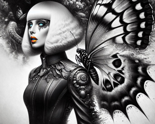 Futuristic Figure with Mechanical Outfit and Butterfly Wings