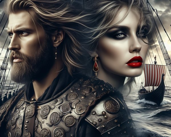 Dramatic Portrait of Warrior and Elegant Woman