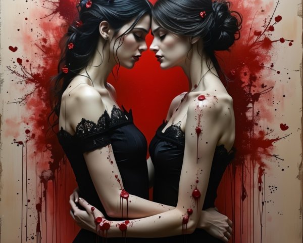 Ethereal figures in black gowns with red accents