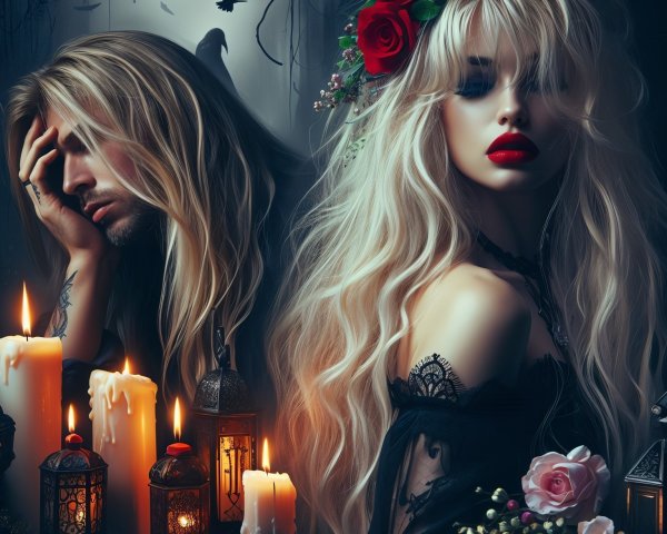 Gothic Scene with Somber Man and Striking Woman