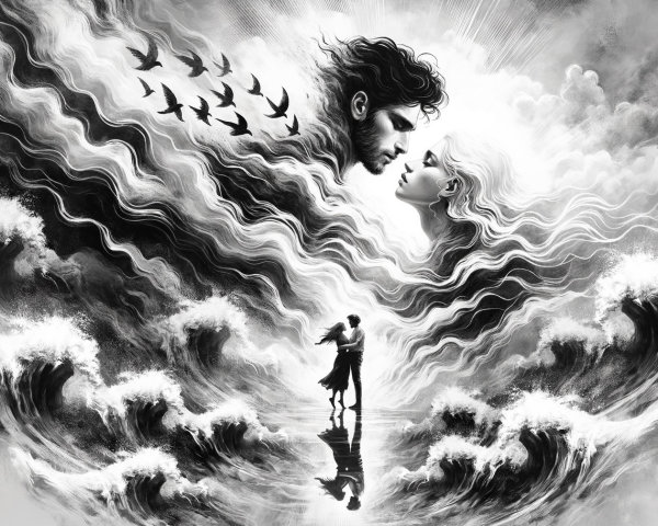 Dramatic Black-and-White Scene of Waves and Clouds