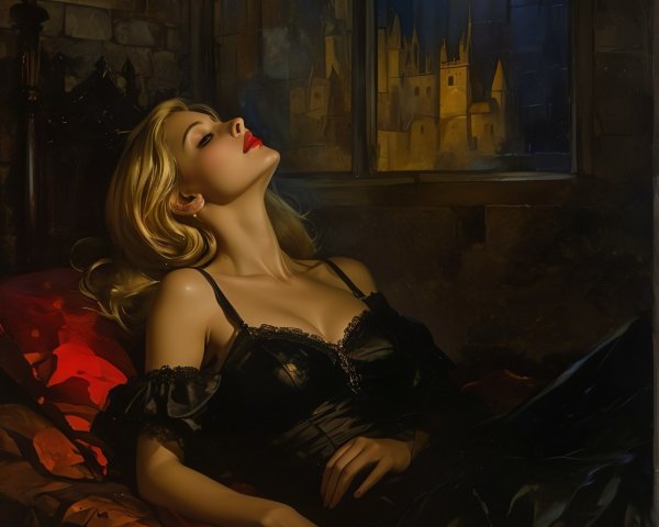 Elegant Woman in Black Lace Gown on Lavish Bed