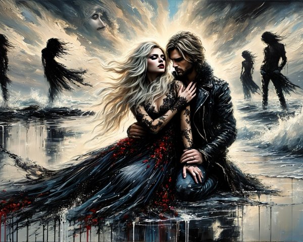 Dramatic Seascape with Couple Amidst Turbulent Waves