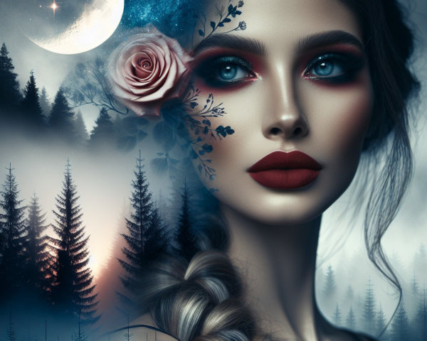 Portrait of a woman with bold makeup and floral accents