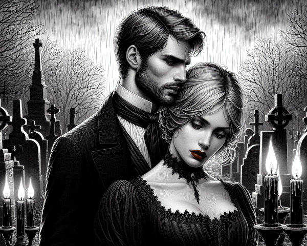 Black and white illustration of a couple in a graveyard
