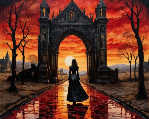 Gothic Painting of Woman on Crimson Path Under Moon