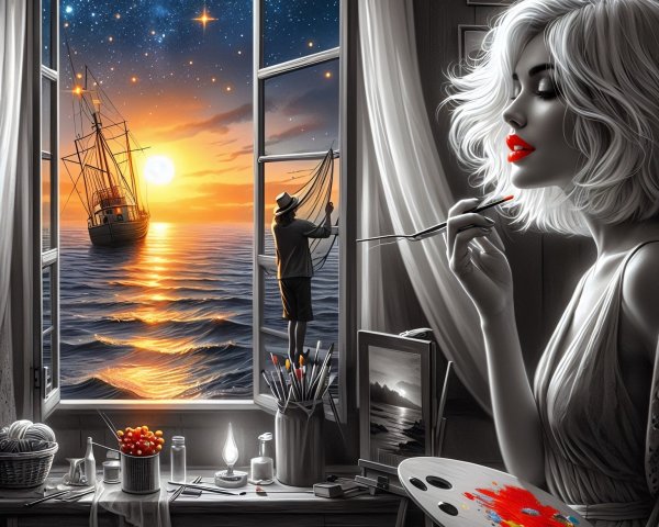 Cozy Artist's Studio with Sunset Seascape and Palette