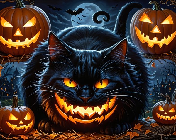 Sinister Black Cat Among Halloween Pumpkins and Bats